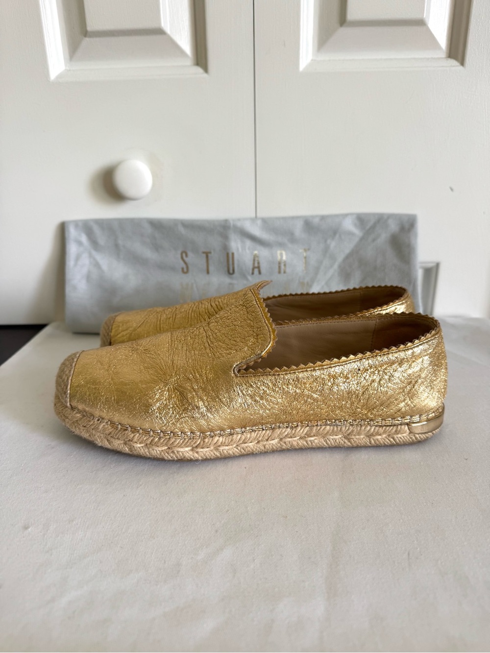 STUART WEITZMAN Gold Leather Espadrille Flats 8.5